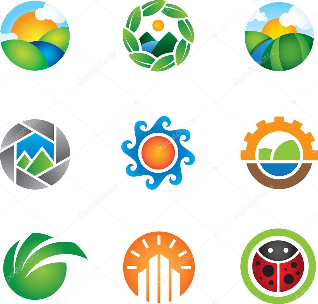 Beautiful colorful nature landscape captured logo vector template graphic for small or big business success of eco friendly person living green life of energy efficiency