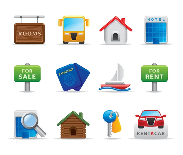 Conjunto de iconos y logotipos de viajes en 3D para servicios turísticos y pequeñas o grandes empresas — Vector de stock