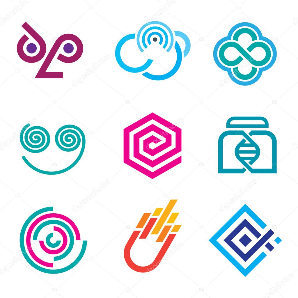 Abstract geometric figures with hard lines vector, Hard lines simple pixel pictogram computer icon set logo, Innovative colorful social network science set of icons and outline symbols