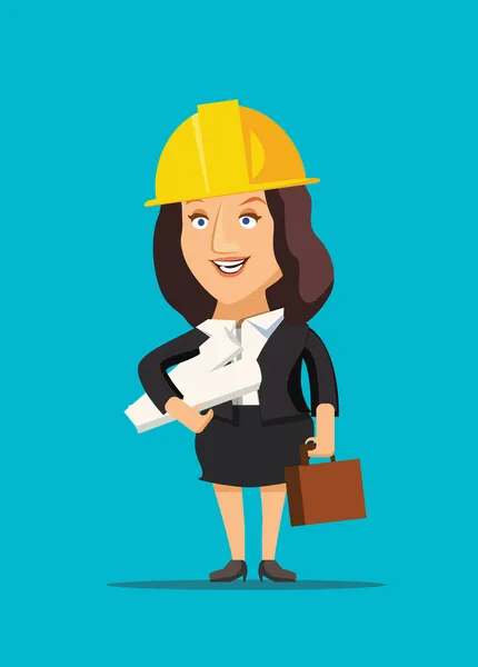 Architect female holding blueprint plans of construction site and building vector illustration — Stock Vector