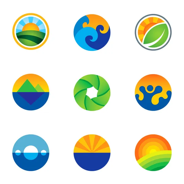 Kracht van de natuur prachtige landschap achtergrond logo iconen set cirkel — Stockvector