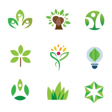 Eko çevre bilinci yeşil ağaç doğa topluluk logo simge seti