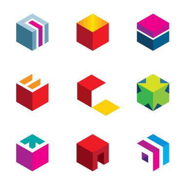 Puzzle cube maze box arrow symbol success logo icon set clipart