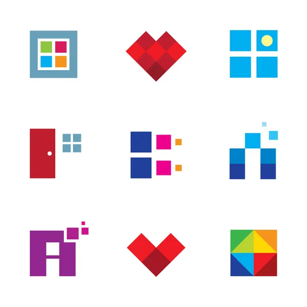 Creatieve pixel kubus deur venster gelegenheid dimensie logo pictogram instellen — Stockvector