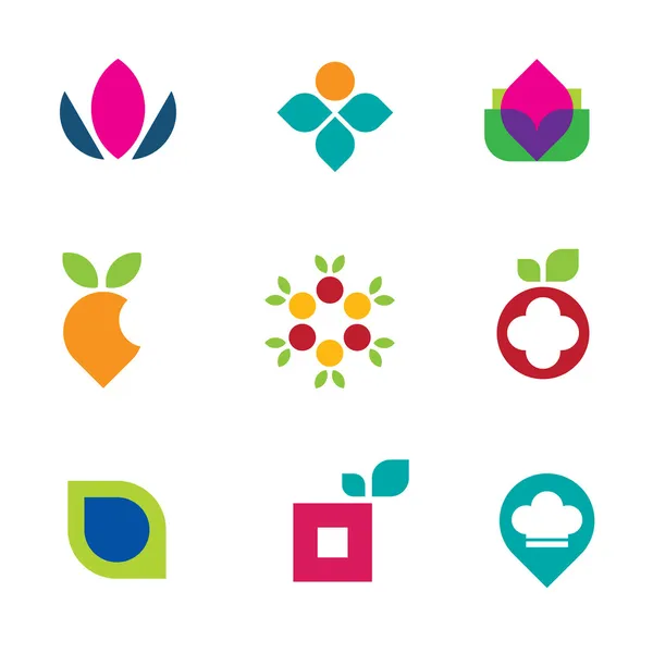 Naturaleza fruta flor logotipo vector símbolo comida sabrosa icono conjunto — Archivo Imágenes Vectoriales