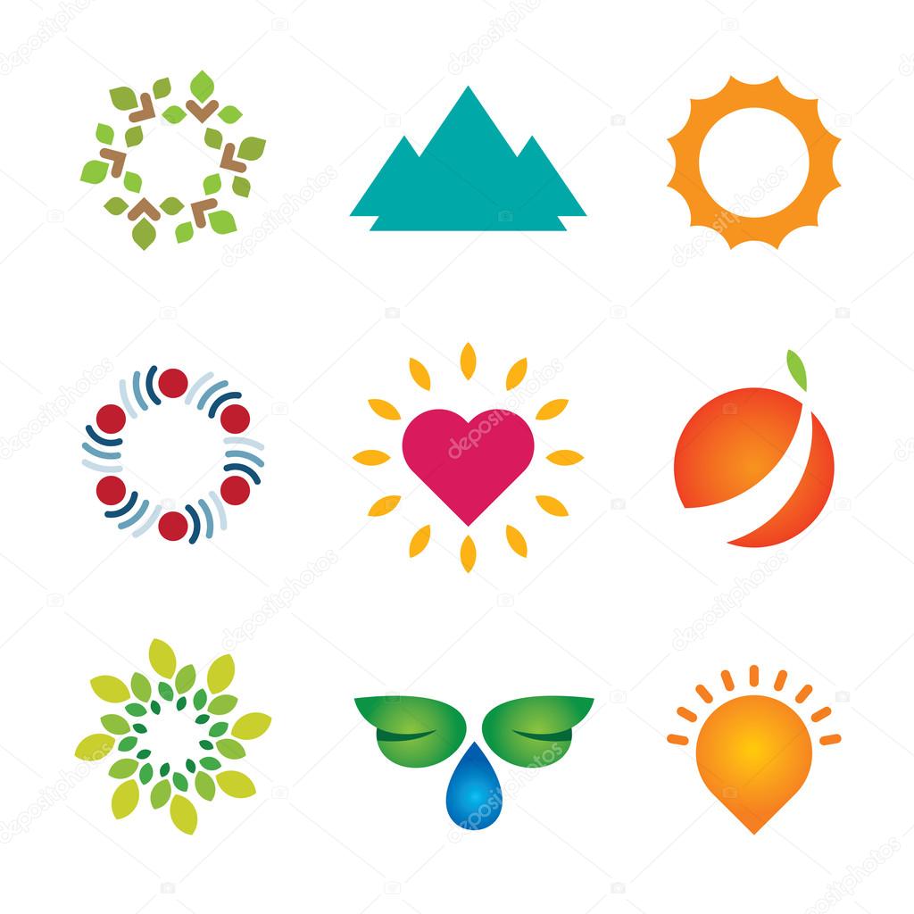 Nature circle green landscape logo mother love icon set vector