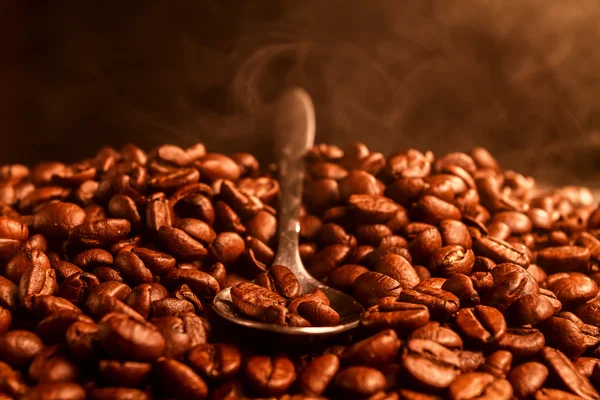 Chicchi di caffè con cucchiaio — Foto Stock