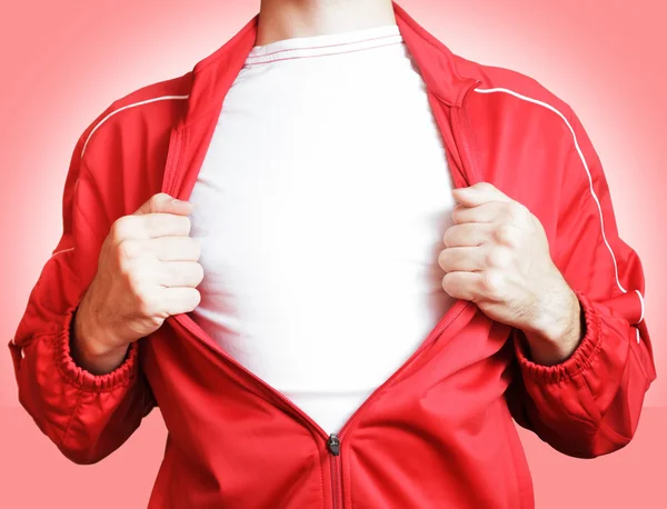 Man showing white t-shirt — Stock Photo, Image