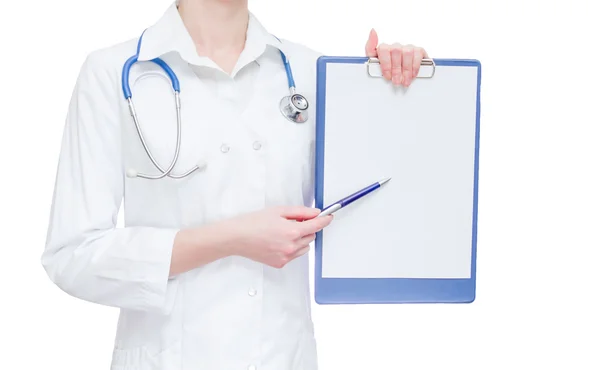 Doctor pointing to space of clipboard — Stock Photo, Image