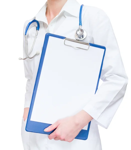 Medico con stetoscopio con cartellone in bianco — Foto Stock