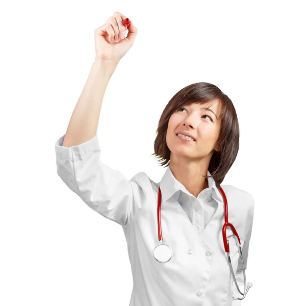 Female doctor writes something in the air with marker — Stock Photo, Image