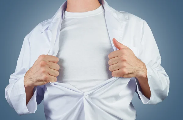 Superhero in a white coat — Stock Photo, Image