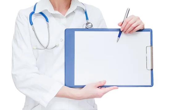 Doctor holding and pointing to space of clipboard — Stock Photo, Image