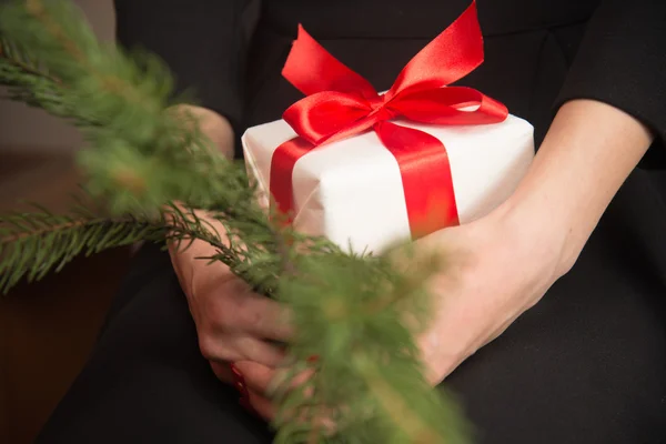 Zweig des Weihnachtsbaums mit Geschenk — Stockfoto