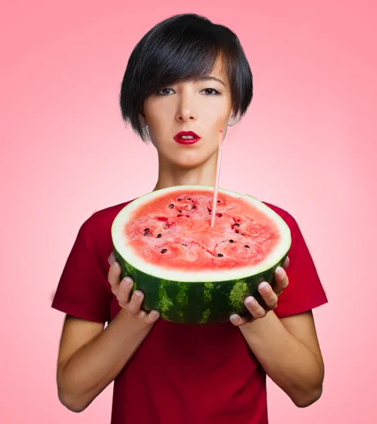 Žena s meloun — Stock fotografie