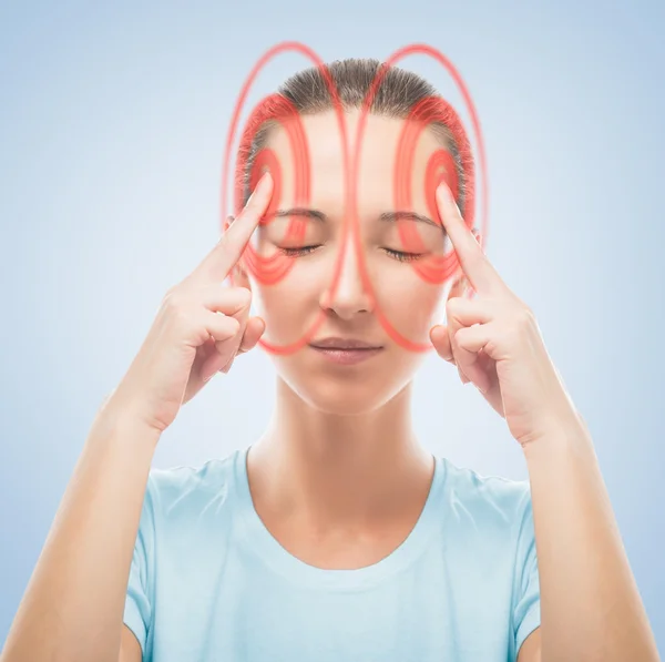 Woman touches her head, the temporal region of red color — Stock Photo, Image