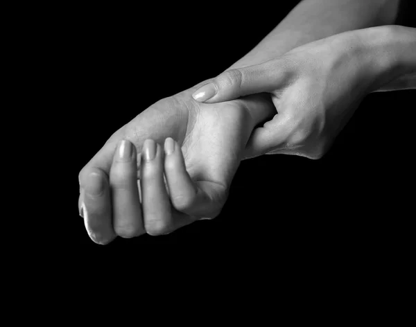 Woman holds her wrist, carpal syndrome — Stock Photo, Image