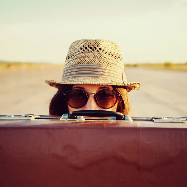 Hipster with suitcase — Stock Photo, Image