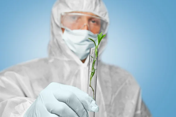 Cientista detém tubo com planta verde — Fotografia de Stock