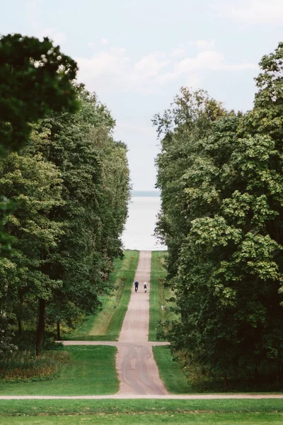 Trail with a couple on bicycles and the Gulf of Finland in park. — Stock Photo, Image