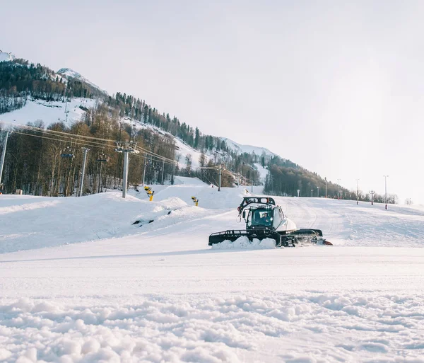 Большая тяжелая машина Snowcat Prinoth во время работ по подготовке горнолыжных склонов на горнолыжном курорте "Роза Хутор". Стоковое Изображение