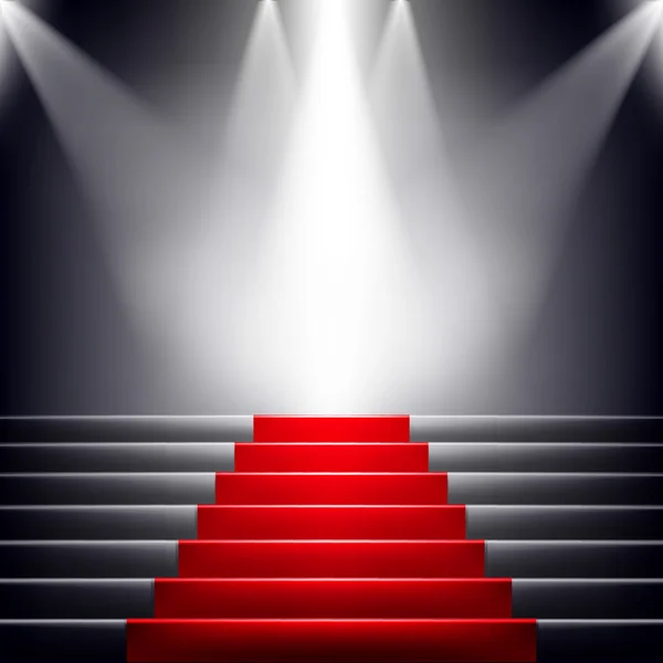 Stairs covered with red carpet. Scene illuminated by a spotlight — Stock Vector