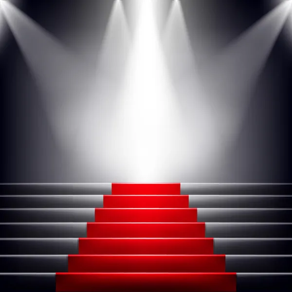 Trappor täckt med röda mattan. scenen upplyst av en spotlight — Stock vektor
