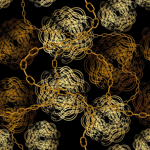 Motif sans couture avec des chaînes en or et des fleurs sur un fond noir — Image vectorielle