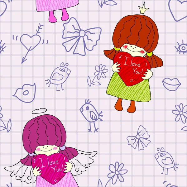 无缝模式与一个小女孩天使和鸟 — 图库矢量图片