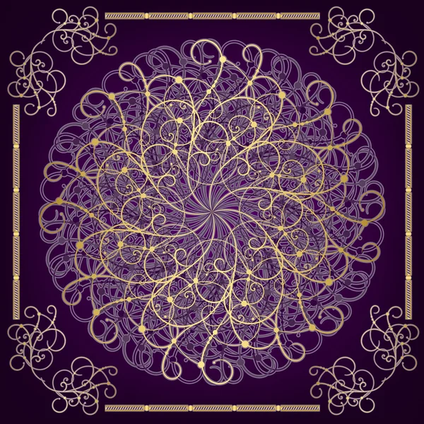 Golden oriental round ornament on a purple background — Stock Vector