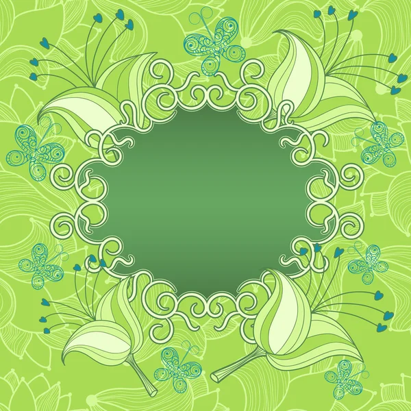 Marco sobre un fondo verde con flores y mariposas — Vector de stock