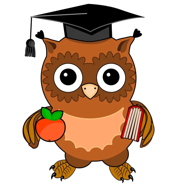 Cute owl with an apple and a book. Isolated on white background — Stock Vector