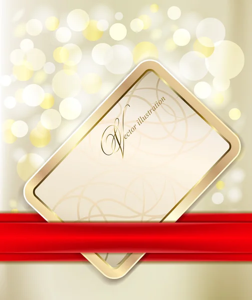 Tarjeta de regalo de oro con cinta roja — Vector de stock