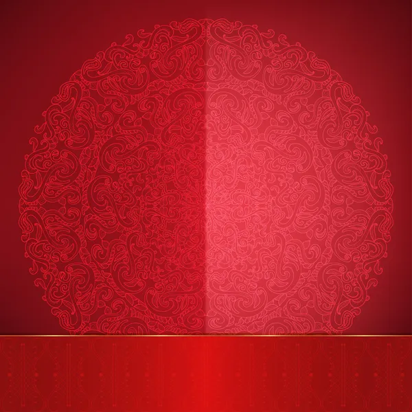 Glossy red card with lace round ornament — Stock Vector