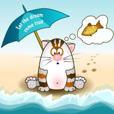 Cat sits on the beach and dreams of fish, under an umbrella vector Cat sits on the beach and dreams of fish, under an umbrella vector