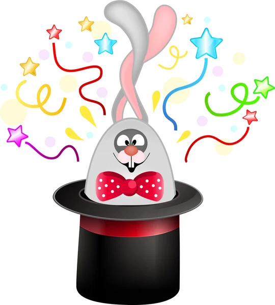 Cheerful and funny bunny peeking out of a hat fakir. — Stock Vector