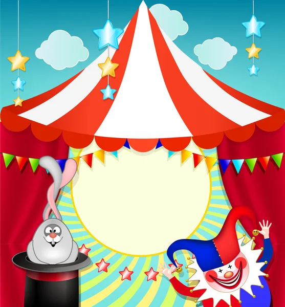 Moldura engraçada do bebê no tema do circo. Palhaço brilhante e um coelho em um chapéu . —  Vetores de Stock