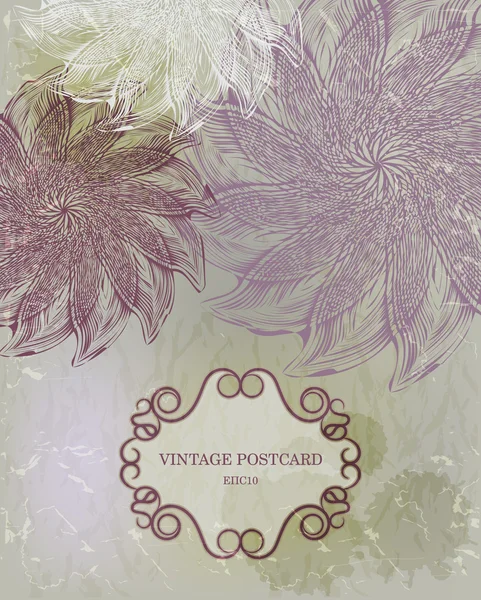 Postal vintage con flores de contorno y marco — Vector de stock