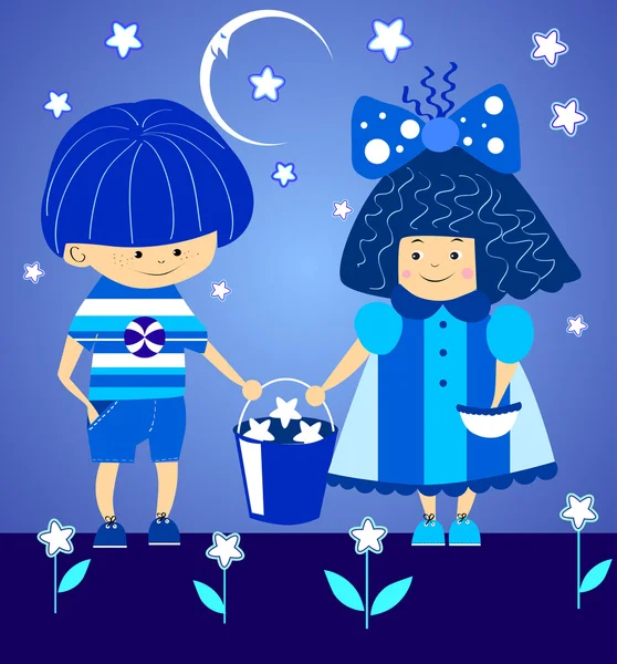 Chłopiec i dziewczynka trzymając wiaderko z gwiazdami — Wektor stockowy