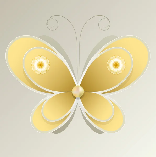 Volumetric yellow butterfly with flowers on the wings — Stock Vector