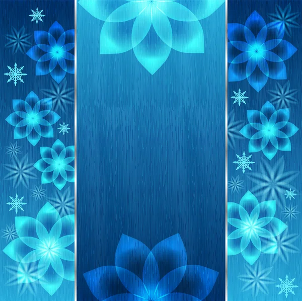 Fundo azul com flores e flocos de neve — Vetor de Stock