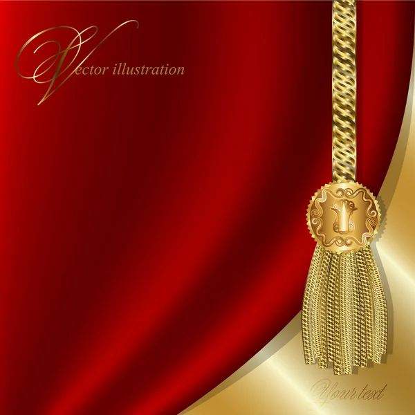 Cortina roja con borlas de oro, diseño lujoso para invitaciones — Archivo Imágenes Vectoriales