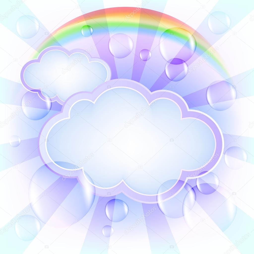 Vector illustration with clouds, rainbows and bubbles
