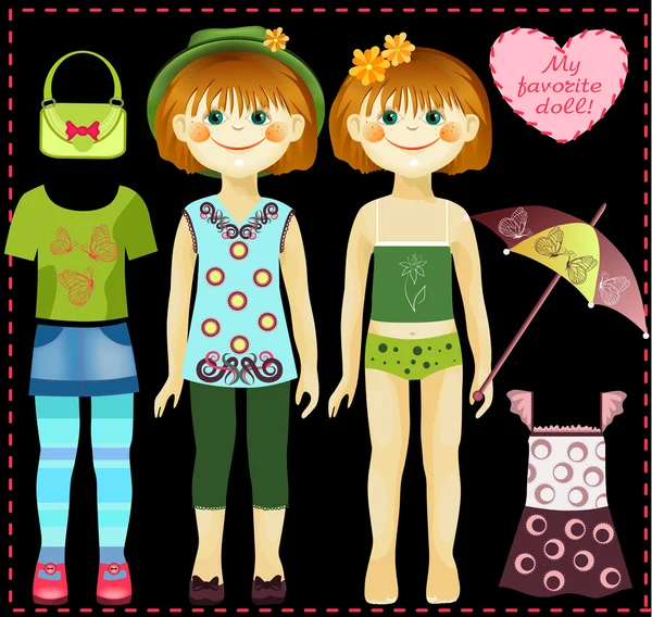 Paper doll with a set of clothes and accessories. All objects are grouped separately and can be used independently — Stock Vector