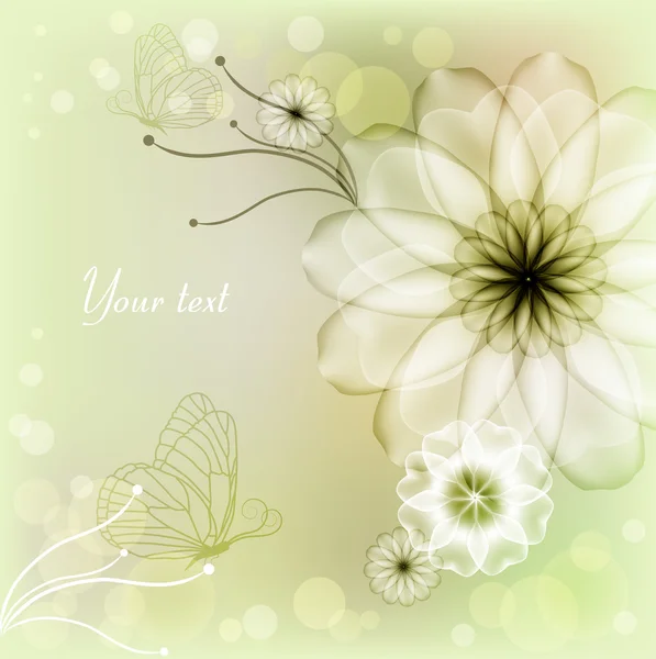 Elegante fondo verde claro con flores y mariposas — Vector de stock