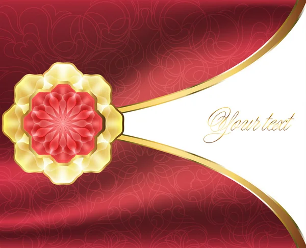 Elegant card with a gold brooch and fabric background — Stockvector