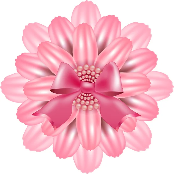 Ροζ λουλούδι σε λευκό φόντο, διακοσμημένο με κορδέλα και χάντρες — Διανυσματικό Αρχείο