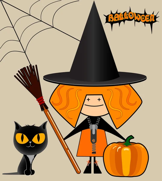 Cheerful little witch, halloween. — Stock Vector