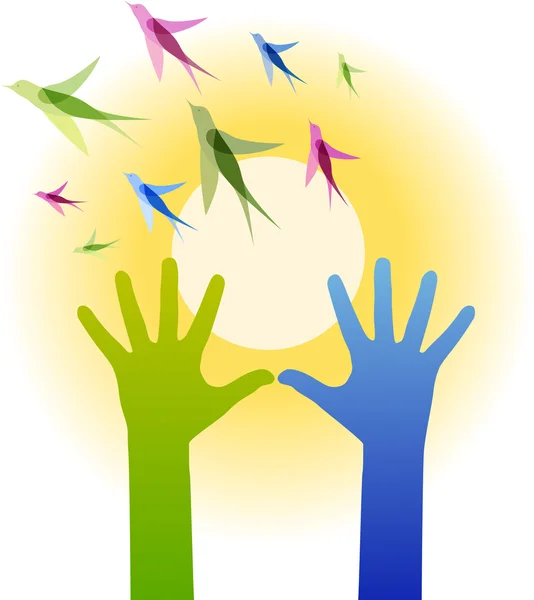 Hands reach for the sun and the colorful birds. — Stock Vector