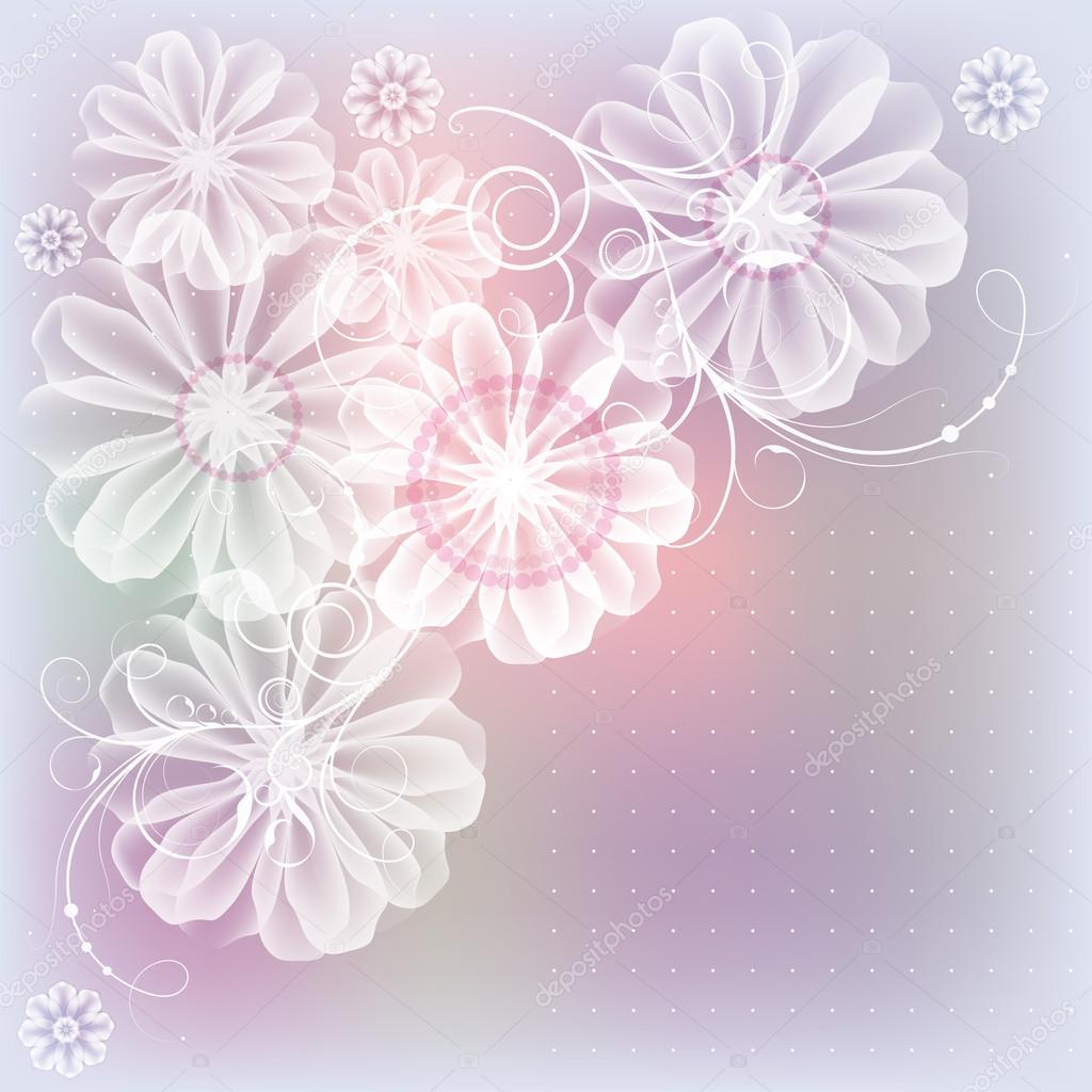 White flowers on a lilac-pink background, the idea for wedding cards